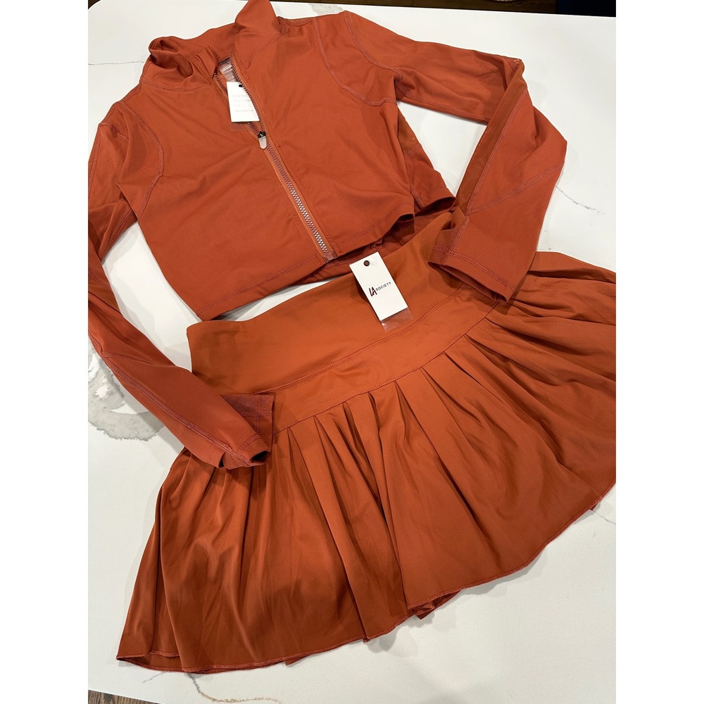 LA Society Women Brown Orange Tennis Set Crop Zip Jacket Pleated Skirt Large NWT